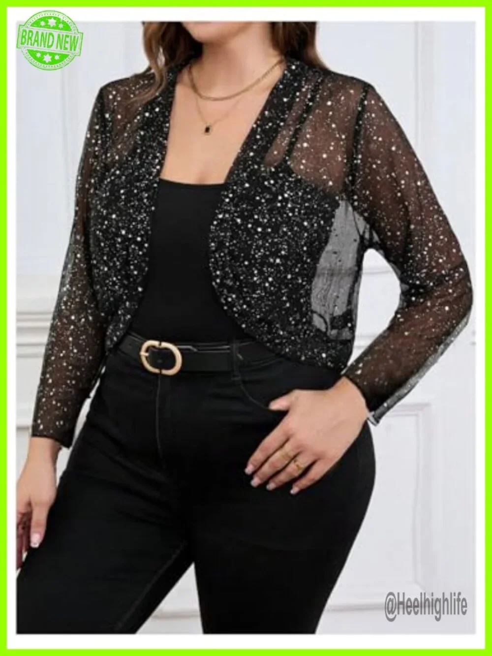 Plus Size Sequin Sheer Bolero Shrug Open Front Long Sleeve Party Cropped